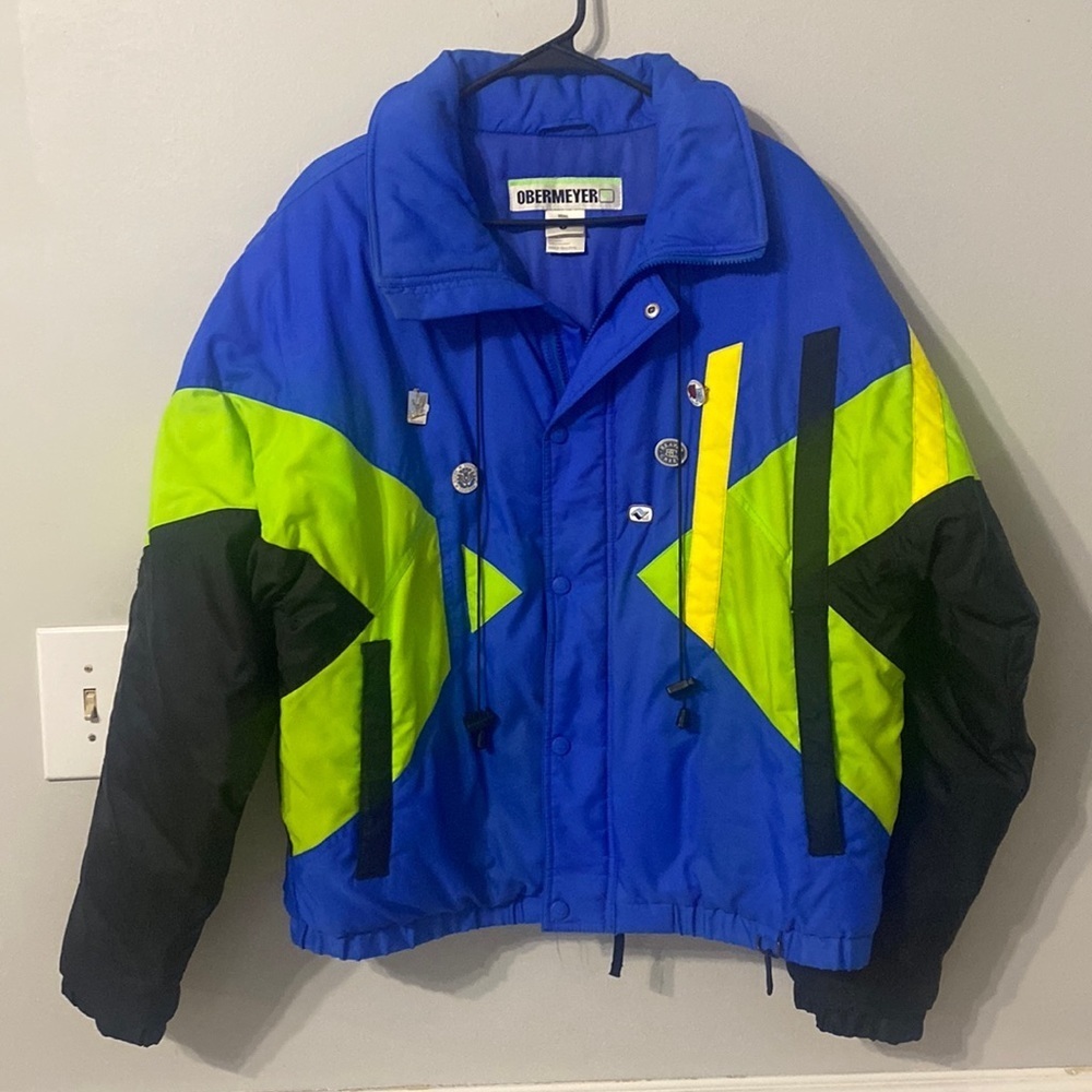 Vintage Obermeyer Ski Jacket Mens Small 1980s Blue Green Black Blast Off